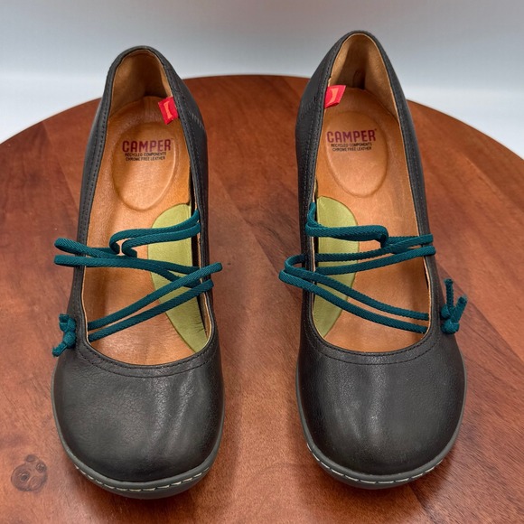 Camper Shoes - Camper‎ Beginner Heels Dark Gray Leather Elastic Mary Jane Pumps Womens 7 Twee